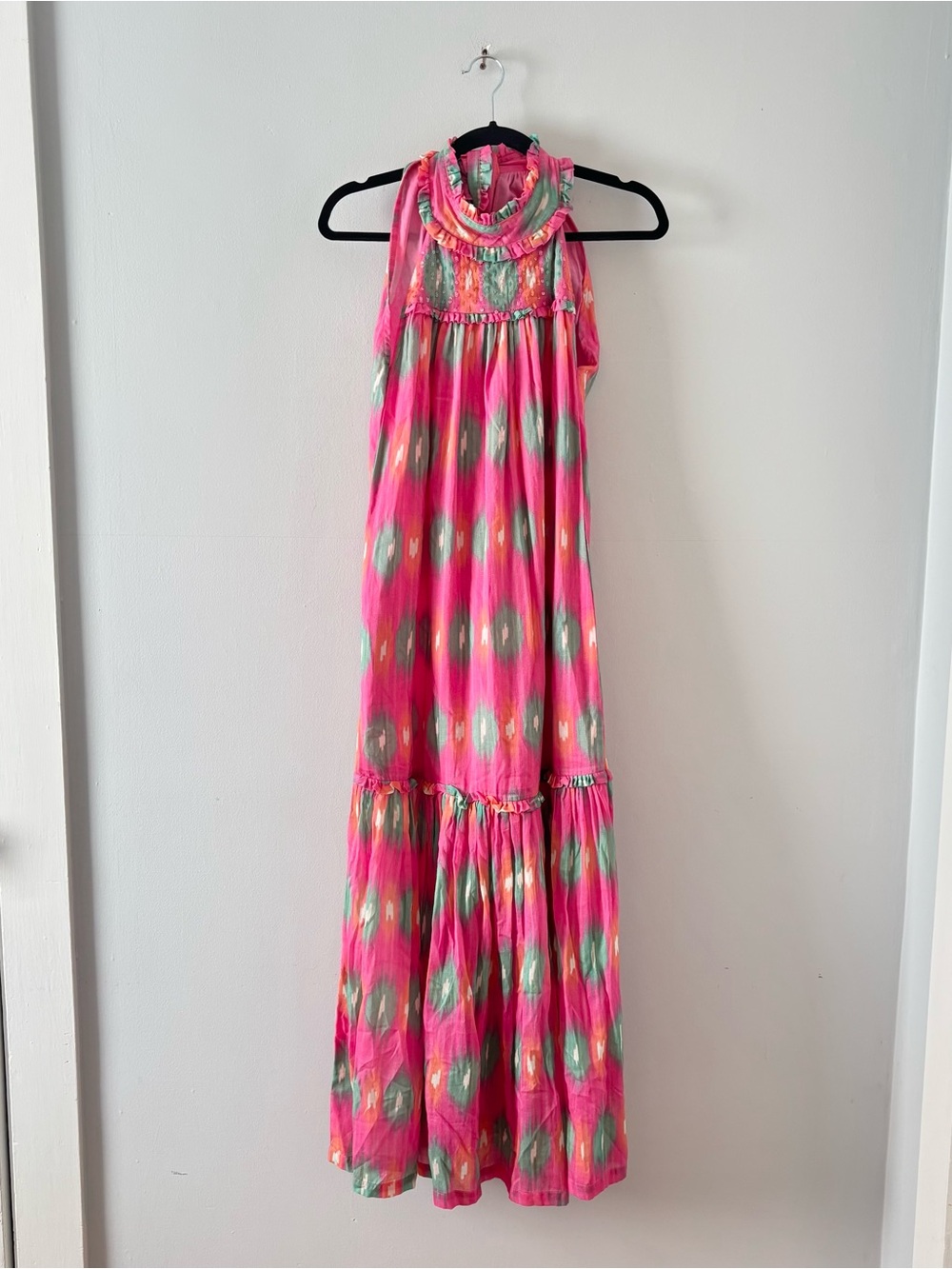 Bella Tu Ikat Print Halter Midi Dress Maxi Bow Tie Tiered Long Pink Pattern